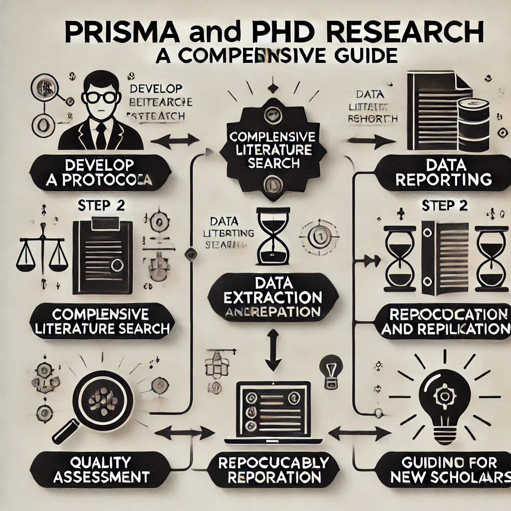 PhD student using PRISMA checklist for systematic review